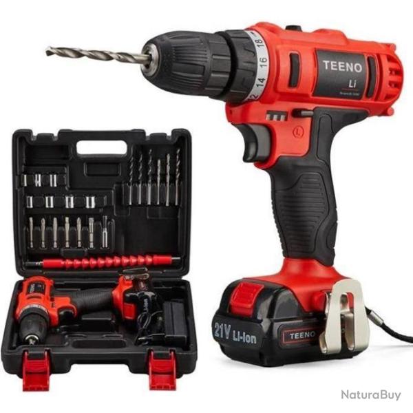 Perceuse visseuse sans fil 21V 1 batterie + chargeur  2 vitesses  21 accessoires