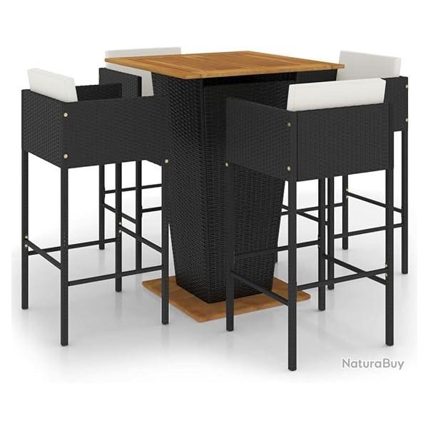 Salon de Jardin R�sine Tress�e Noir - Table - Chaises - Coussins - Ensemble de Bar 5 Pi�ces