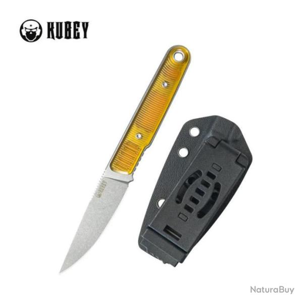 Couteau Kubey JL Fixie Yellow Manche Ultem Lame Beadblast Acier 14C28N Etui Kydex KUB356C