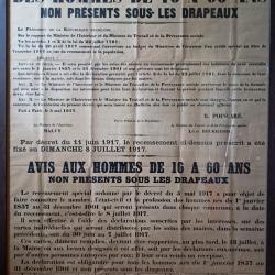 Affiche 1917 recensement des non pr&eacute;sent sous les drapeaux