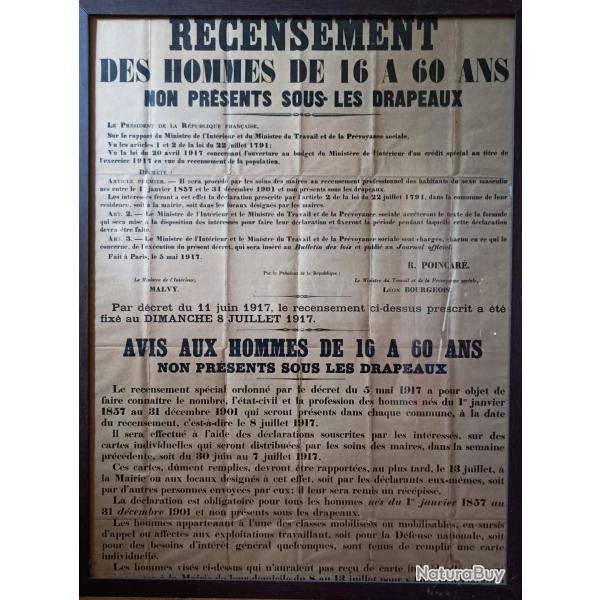 Affiche 1917 recensement des non pr�sent sous les drapeaux