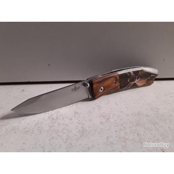 COUTEAU PLIANT THIRD BOIS ROUGE MOTIF CERF 11,5CM LAME INOX