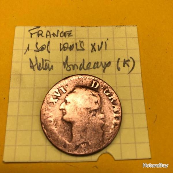 FRANCE - Louis XVI - 1 sol - Atelier K (Bordeaux)