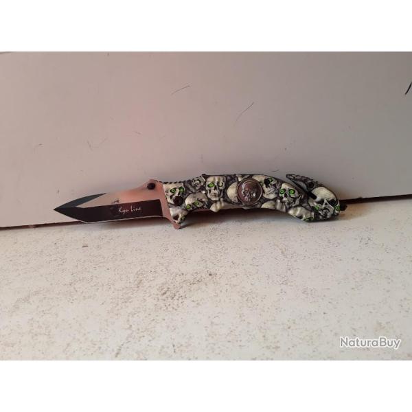 10501 COUTEAU PLIANT KYU LINE MOTIF "CRANES AU YEUX VERT" 22CM NEUF