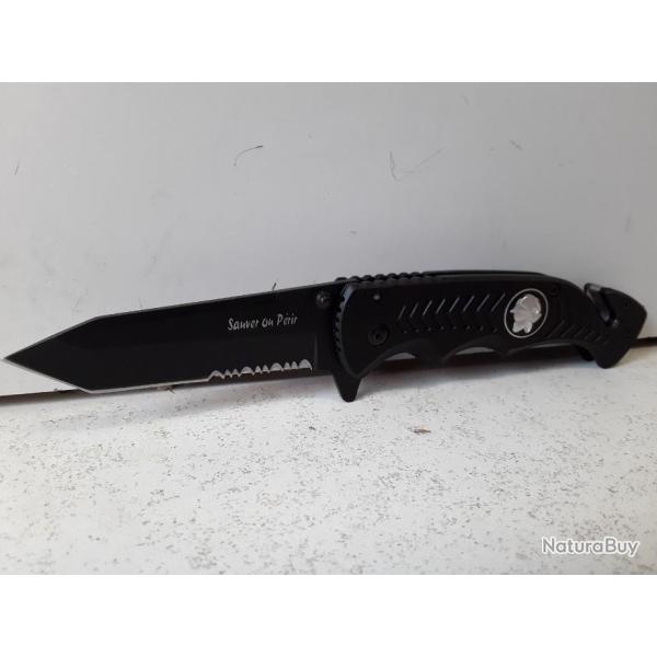 COUTEAU PLIANT POMPIER "SAUVER OU PERIR" COULEUR NOIR