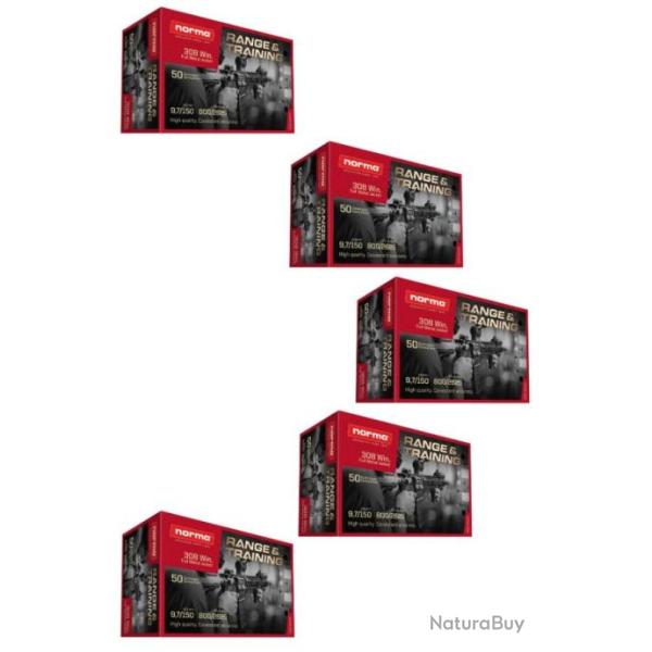 Lot de 5 bo�tes de 50 cartouches Norma 308 Win 9.7G 150GR Range&Training