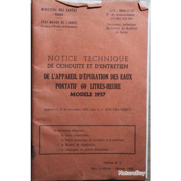 Notice technique de conduite et d'entretien de l'appareil d'puration des eaux Mle 1957