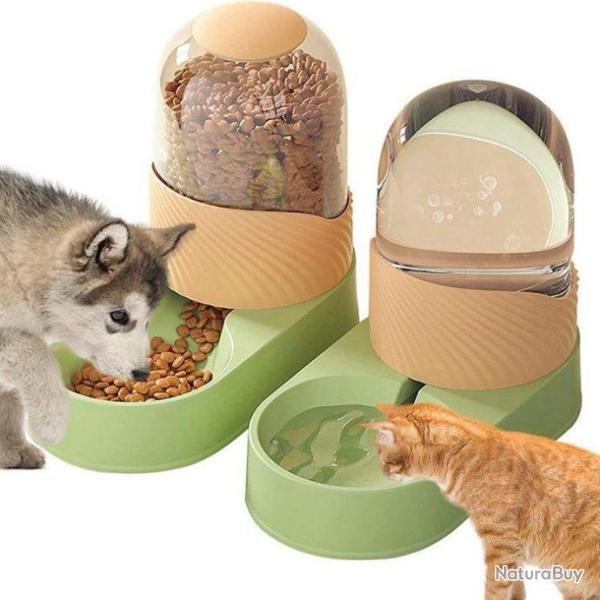 Distributeur Croquettes Eau Chat/Chien Automatique 3.5L*2 Abreuvoirs sans BPA vert/orange