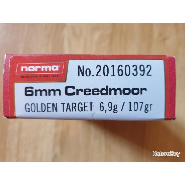 6mm Creedmoor cartouches marque Norma golden target 107gr - bte 20 pcs