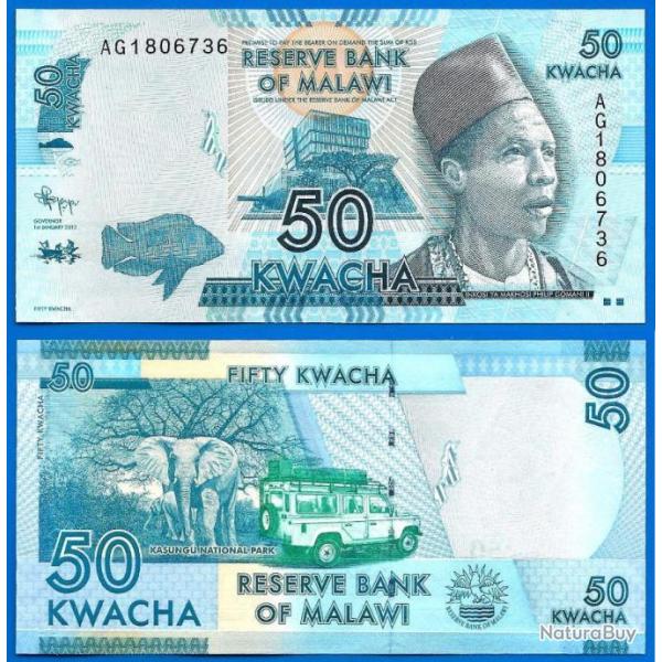 Malawi 50 Kwacha 2012 NEUF Kwachas Billet Jeep Poisson Elephan