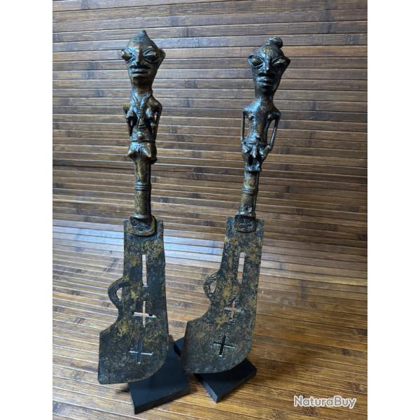 RARISSIME PAIRE DE GLAIVE / MACHETTE C�R�MONIEL EN BRONZE AFRIQUE PEUPLE YORUBA NIGERE XlX �me