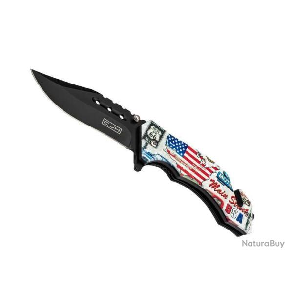 COUTEAU CJH ABS CARTE ROUTE 66 12CM INOX NOIR