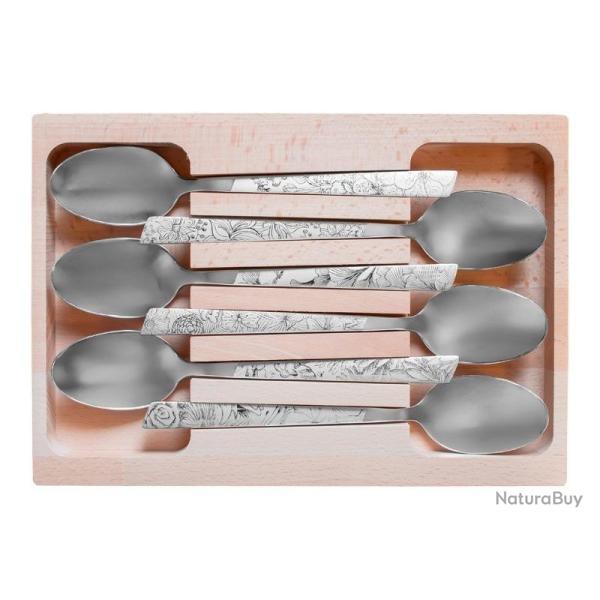 COFFRET 6 CUILLERS TABLE INOX DECOR FLEURIS