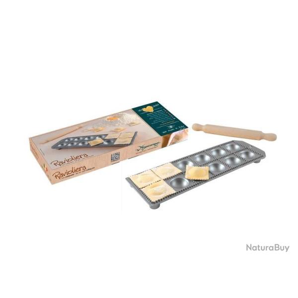 MOULE A RAVIOLI 12 EMPREINTES RONDES + ROULEAU EN BOIS