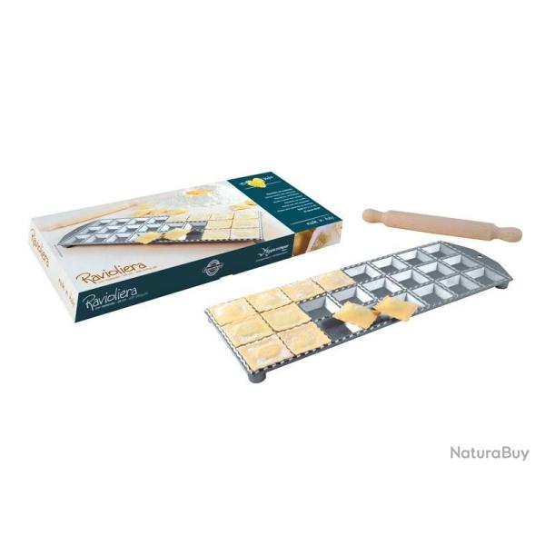 MOULE A RAVIOLI 24 EMPREINTES CARREES + ROULEAU EN BOIS