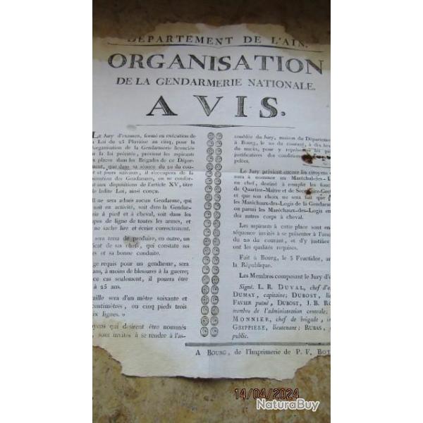 authent 1797 affichette recrutement Gendarmerie Gendarme mar�chauss�e r�volutionnaire Fructidor an V