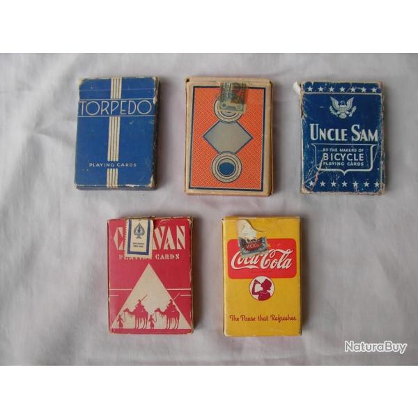 WW2 US LOT 5 JEUX DE CARTES A JOUER AMERICAIN 42 COCA COLA X TORPEDO CANVAS  UNCLE SAM RARE