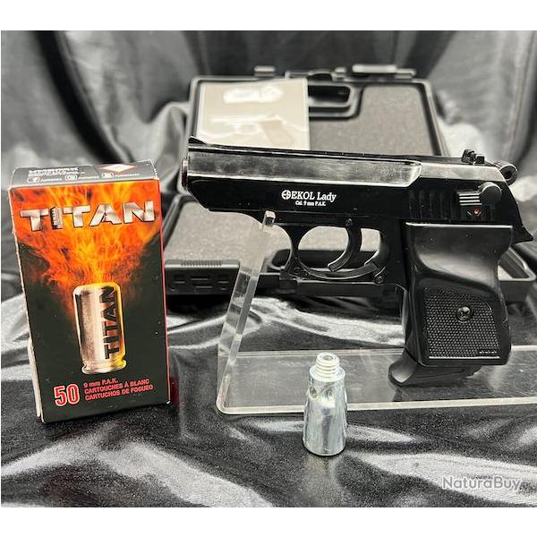 Pistolet Ekol Lady Black - 9mm PAK + 50 Munitions balles � Blanc