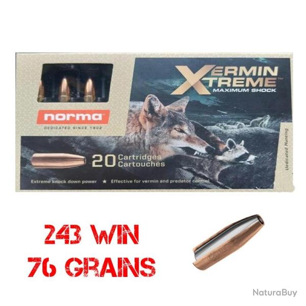 Munitions NORMA calibre 243 Win Vermin Xtreme 76gr - 4.9g x20