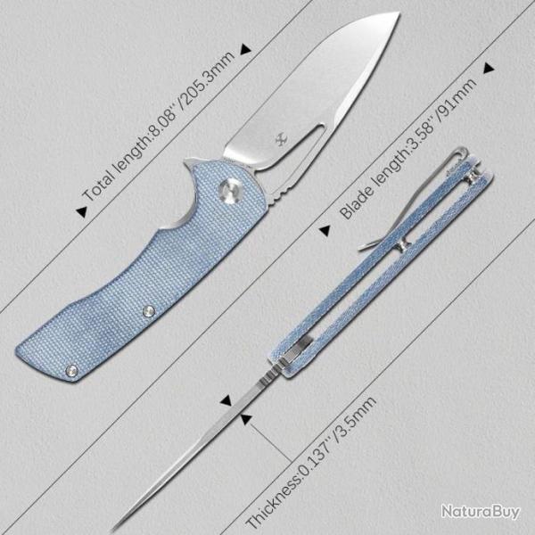 Couteau Kansept Kryo Blue Lame Acier 12C28N Stonewash Drop Point Manche Micarta IKBS KT1001M3