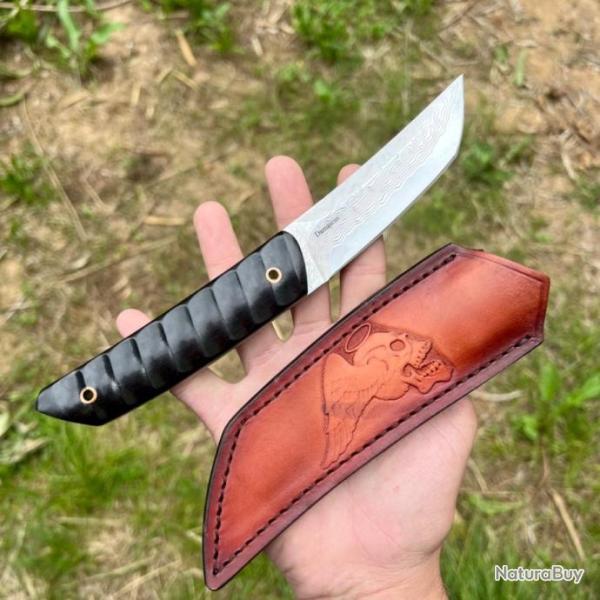 Couteau style japonais acier damas �tui t�te de mort