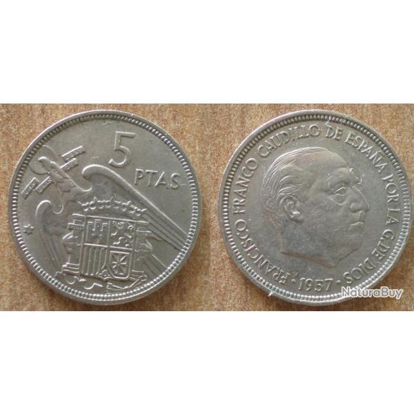 Espagne 5 Pesetas 1957 Etoile: 1968 Francisco Franco Peseta Spain