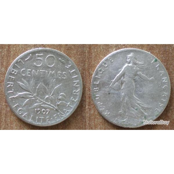 France 50 Centimes 1907 Piece Argent Semeuse Centime