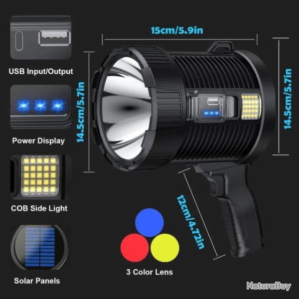 Projecteur LED Solaire Rechargeable, 900000 Lumens, Grande Lampe de Poche 3 mode de couleurs