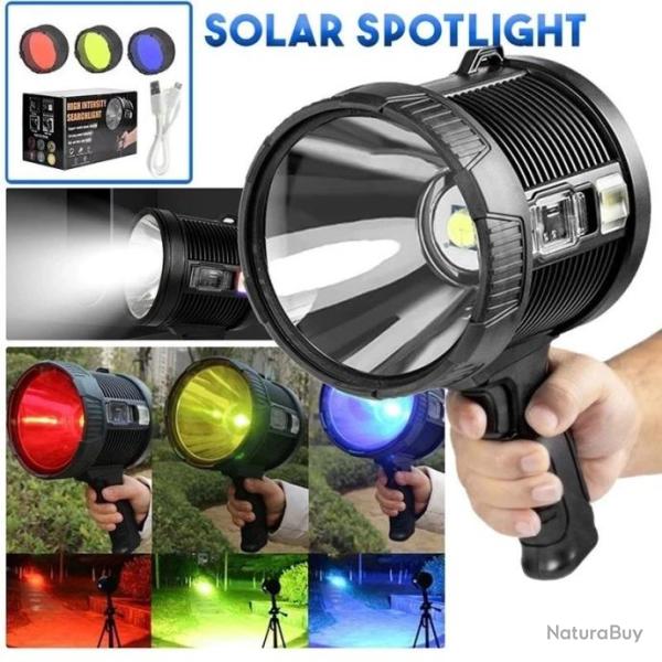Projecteur LED Solaire Rechargeable, 900000 Lumens, Grande Lampe de Poche 3 mode de couleurs. A