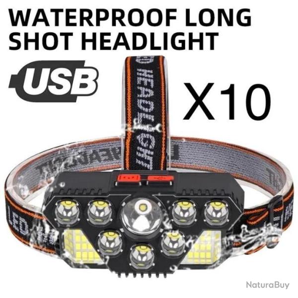 Lot revendeur x10 Lampe frontal rechargeable 10 led batterie int�gr�e ! Vendu en bo�te. B