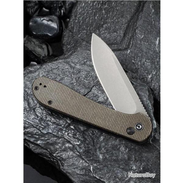 Couteau Civivi Elementum Button Lock Dark Green Lame Acier 14C28N Manche Micarta IKBS Clip CIVC2103C