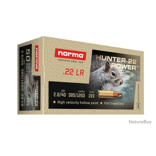 Munitions Norma Hunter 22 Power - Cal. 22 LR x5 boites
