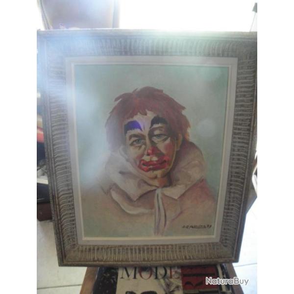 peinture � l'huile d'un clown triste signe j c puvira 1979