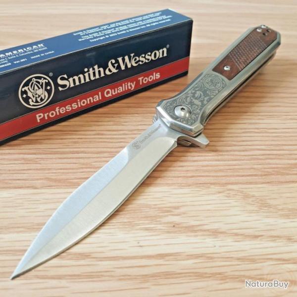 Couteau Smith&Wesson Unwavered Semi Auto Lame Acier 8Cr13MoV Manche Bois Mitres D�cor�es SW1208413