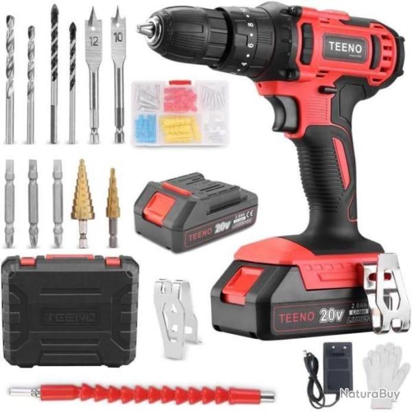 Perceuse visseuse a percussion sans fil 20v 2 Vitesses 2Ah batteries lithium + Gants (2 batteries)