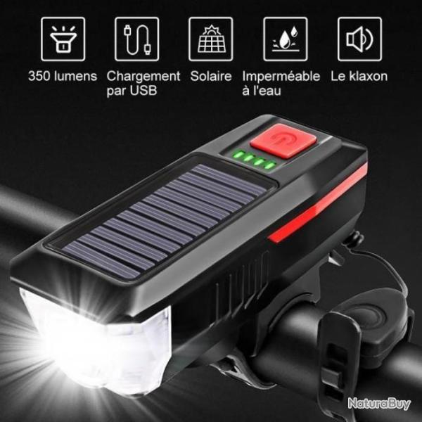 Phare de vlo  nergie solaire avec avertisseur klaxon de 120 dB Eclairage