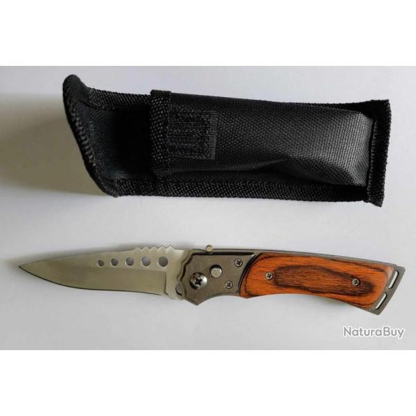 couteau de poche pliant 11cm acier/bois couleur inox avec tuis
