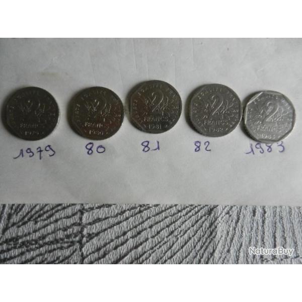 5 anciennes pi�ces de monnaie fran�aises de 2 francs 1979 � 1983