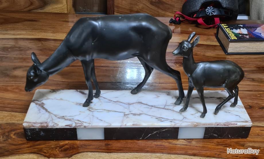 Statue En Plâtre Biche Et Faon Sur Socle - Vintage Années 40 - Occasion