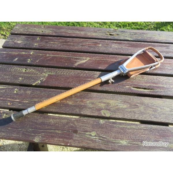 Rare canne si�ge t�lescopique, f�t m�tal gain� de cuir, assise en cuir naturel-FRANCE (Vers 1940-50)