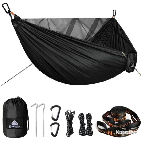 Hamac L�ger 290x140cm 2 Places Nylon Parachute Moustiquaire Charge 300kg Bivouac Randonn�e Noir