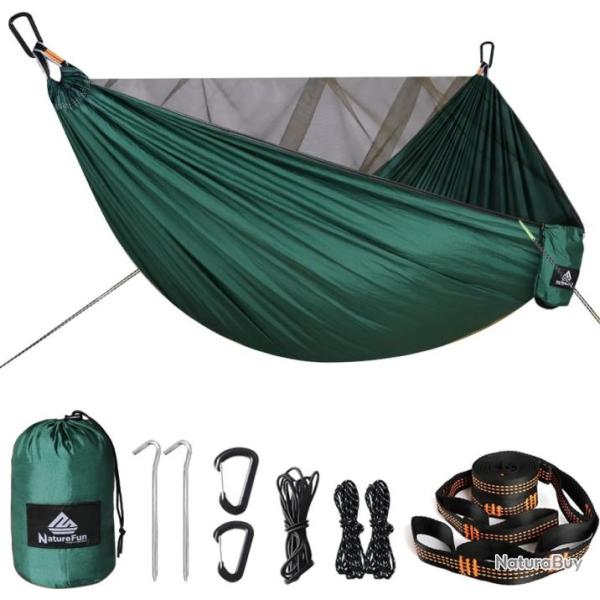 Hamac L�ger Moustiquaire 290x140cm 2 Places Nylon Parachute Charge 300kg Bivouac Randonn�e Vert