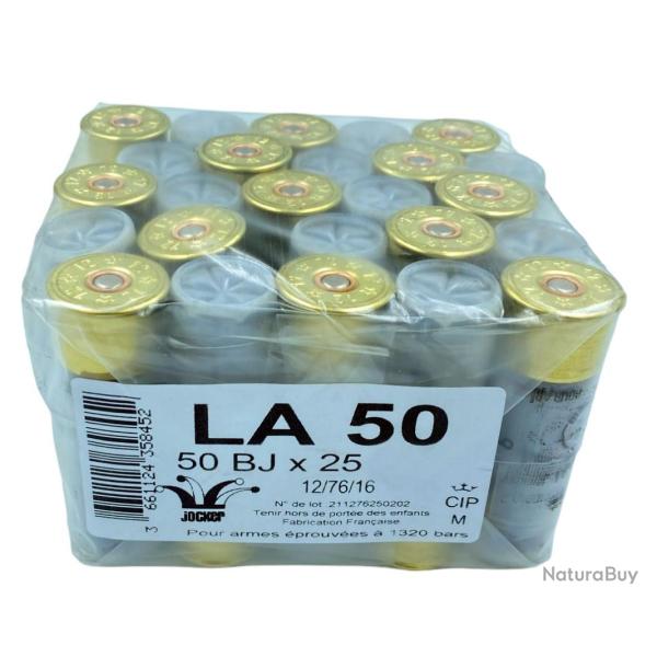 BOITE DE 25 CARTOUCHES JOCKER LA50 50G BOURRE JUPE CAL.12 76 PLOMB