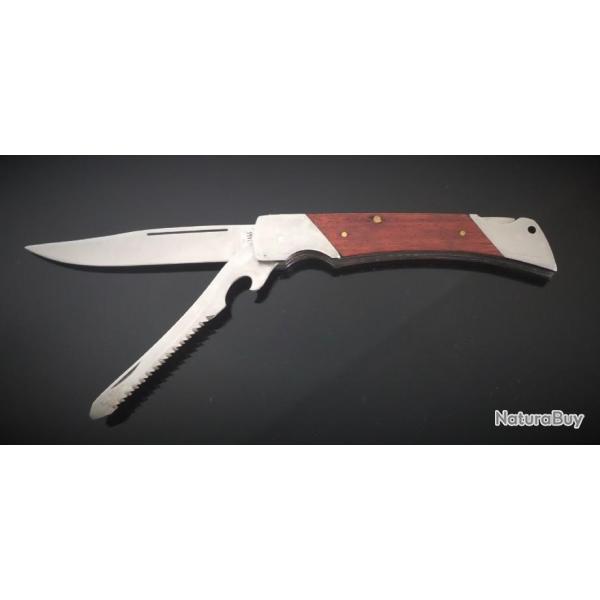 Couteau pliant s�curit� manche en bois et acier inoxydable Folding knife in wood and stainless steel
