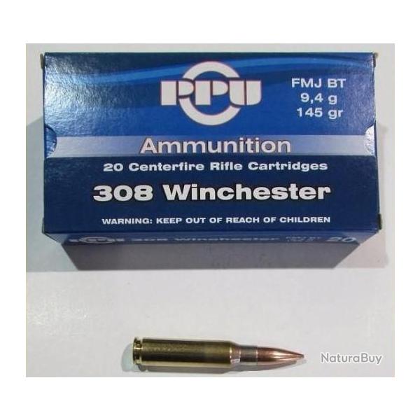 lot de 5 boite  20 cartouches calibre 308 winchester , Partizan 145 grains FMJBT