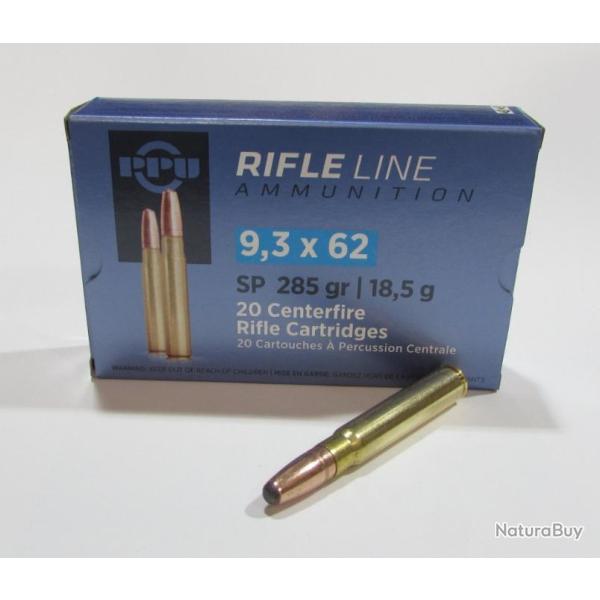 1 boite de 20 cartouches en 9,3x62, Partizan, 285 grains, soft Point SP