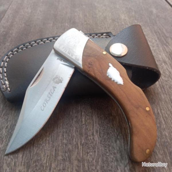 Joli Couteau de Berger CORSICA Manche en OLIVIER avec �tui en cuir