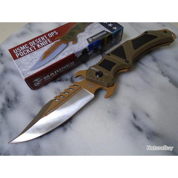 Couteau United Cutlery USMC Desert Ops A/O Lame Acier 3Cr13 Manche TPR/TPU Linerlock Clip UC3622