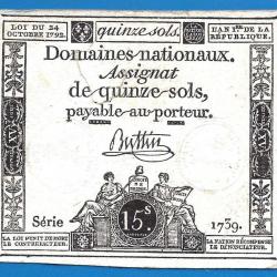 France Assignat 15 Sols 1792 An 1 De La R&eacute;publique Signature Buttin