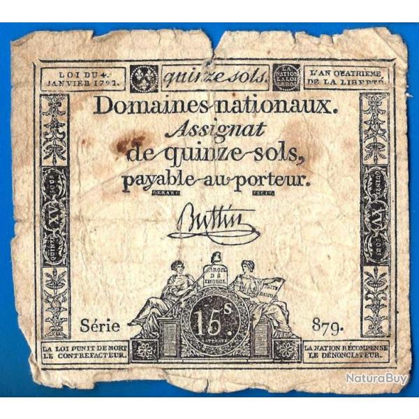 France Assignat 15 Sols 1792 An 1 De La R�publique Signature Buttin